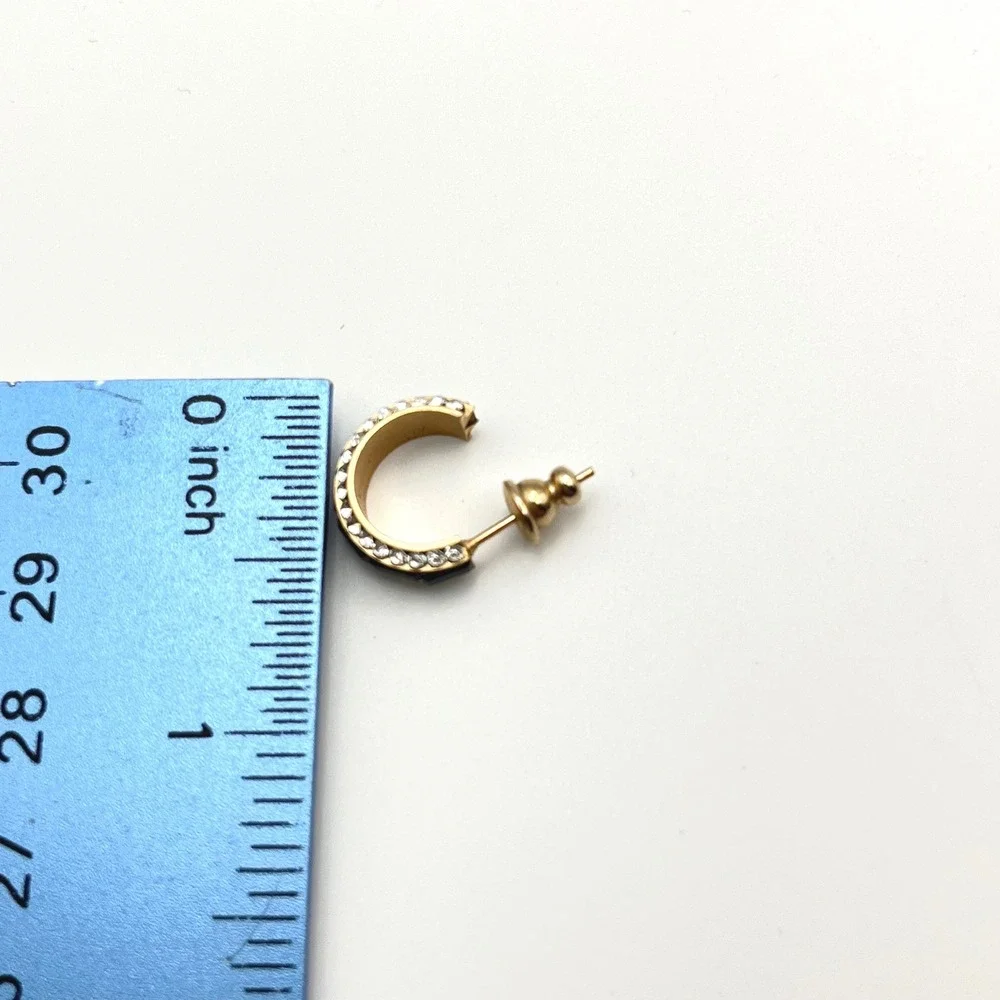Gold Navy Blue Baguette Crystal Huggie Hoop Earrings Clear Rhinestone Post Back‎